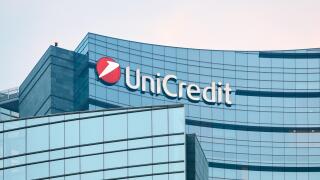 Unicredit bank skyscraper detail at dusk. Unicredit S.p.A. is one of the biggest Italian and European credit group