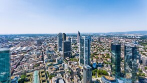 Germany, Hesse, Frankfurt am Main, aerial view of Frankfurt's Bankenviertel highrise