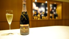 Champagne glass and champagne bottle, Grand Vintage Rose, Moet et Chandon winery, LVMH luxury goods group