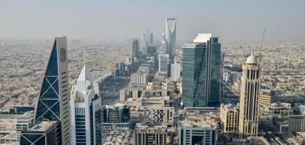 View from Al Faisaliah Tower over the skyline with the Kingdom Center, Riyadh, Saudi Arabia