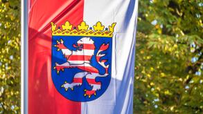 geography / travel, Germany, Hesse, Hessian flag at entrance of Bad Homburg vor der Hoehe castle, ADDITIONAL-RIGHTS-CLEARANCE-INFO-NOT-AVAILABLE