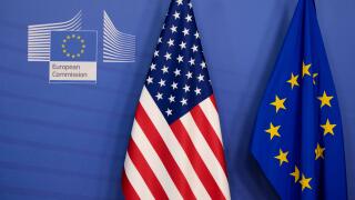 Brussels, Belgium. 17th Feb, 2020. European and US flag stand in EU Commission headquarters. Credit: ALEXANDROS MICHAILIDIS/Alamy Live News