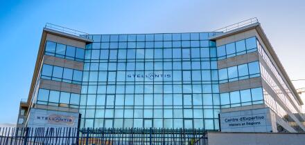 Exterior view of the French headquarters of Stellantis in Poissy, France. Stellantis is a multinational automobile group
