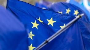 Flags of the European Union flying at a brexit march in London