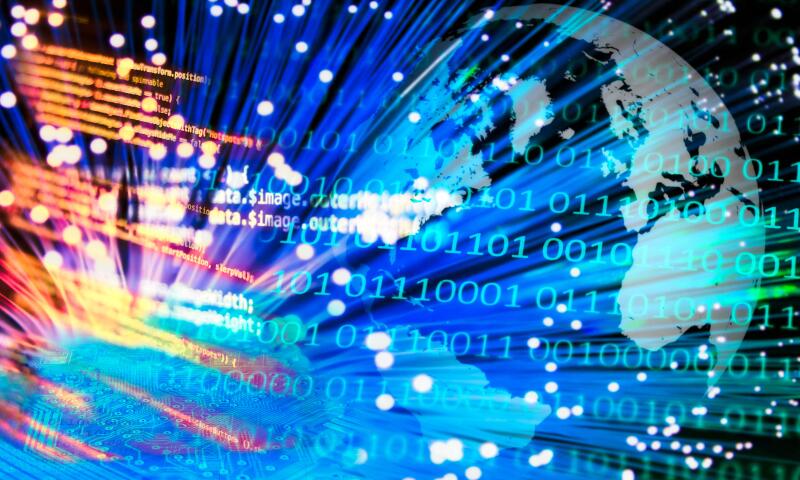 Compositing with globe, fiber optic program code and binary numbers