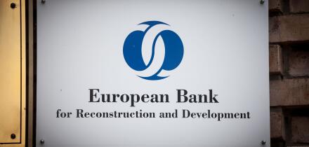 Picture of a sign with the logo of the European Bank for reconstruction and development taken on the Slovenian office in Ljubljana. The European Bank