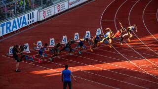 OSTRAVA, CZECHIA, JUNE 27, 2023: Sprint start at Track and Field Contest for Worlds in Budapest and Games in Paris