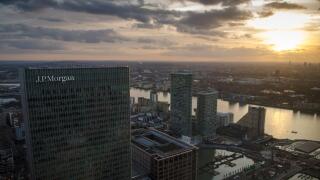 London, England - 27 February 2015: The headquarters of JPMorgan Europe, a branch of JP Morgan Chase Co., at 25 Bank Street, part of the Canary Wharf 