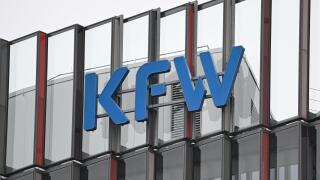 22 March 2024, Hesse, Frankfurt/Main: The logo of KfW Bankengruppe stands on the Westarkade. The state-owned promotional bank has presented its balance sheet for the past financial year 2023. Photo: Arne Dedert/dpa