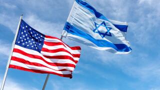 American and Israeli flags in Jerusalem, Israel