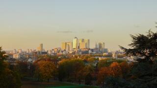 Sunset view of the City of London, Canary Wharf, taken from Greenwich Park