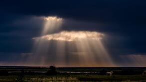 dramatic cloudy sky releases sun beams
