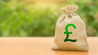 Money bag with pound sterling symbol on a nature background. Attracting investment to development and modernization. Available loans and subsidies. Business, budget, financial transactions.