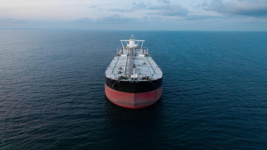 Aerial view of a large crude oil product tanker ship in the Strait Of Hormuz transporting oil and petroleum products around the world