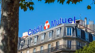 "Credit Mutuel" bank signage, Montparnasse, Paris, France.