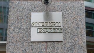 New York City, NY, USA - August 22, 2022: American Express sign at its headquarters in New York City.