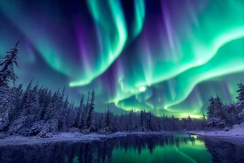 Aurora borealis landscape in nordic arctic forest, pines and sno