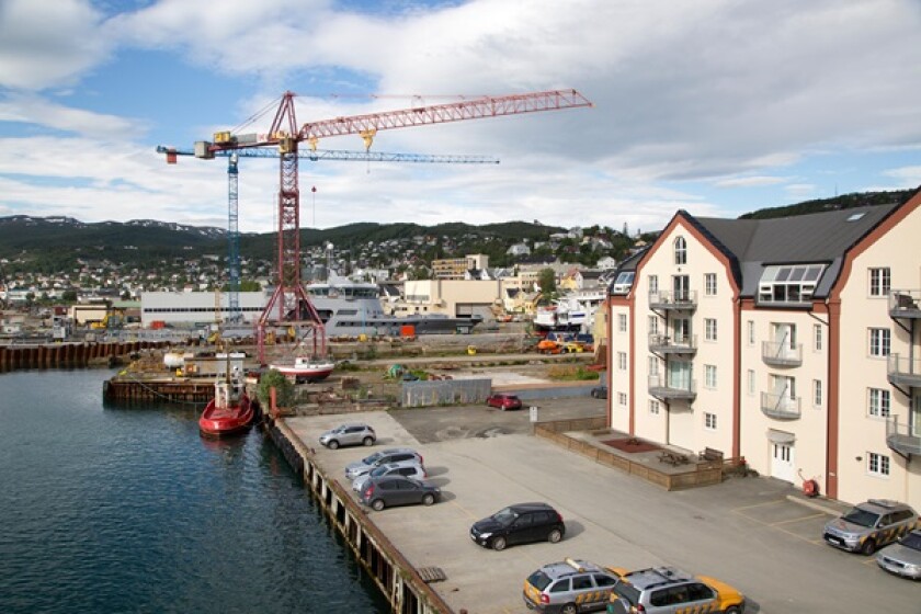 Cranes at construction site of in the port area of  Tromso,  Norway
