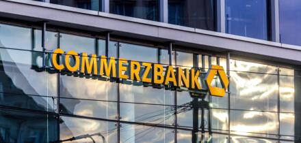 Commerzbank logo on glass facade, Dresden, Germany