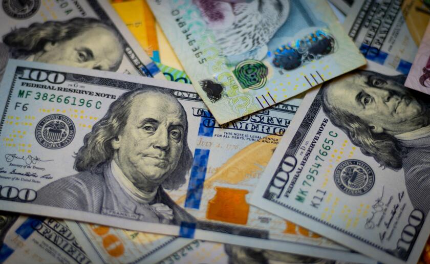 euro banknotes and coins, dollar banknotes with bitcoin, dirhams with Bitcoin