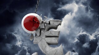 Japan flag ball smashing a European Euro currency symbol. 3D Render