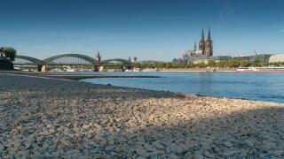 COLOGNE, GERMANY - JULY 27, 2018: Drought in Germany, low water of the Rhine river in Cologne at early morning time on July 27, 2018 in Germany