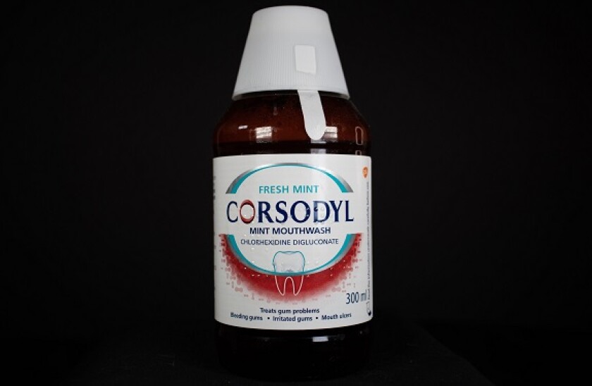 EXETER, DEVON, UK - JANUARY 9, 2023 Haleon plc is a British multinational consumer healthcare company product Corsodyl mint mouthwash bottle 300ml