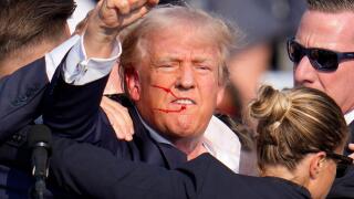 FILE - Republican presidential candidate former President Donald Trump reacts following an assassination attempt at a campaign event in Butler, Pa., on Saturday, July 13, 2024. Trump Media surged in the first day of trading, Monday, July 15, following the