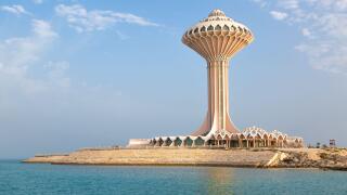 Al Khobar, February 6, 2021. Khobar Water Tower at golden hour in the evening, Eastern Province, Saudi Arabia