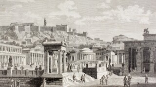 Imaginary view of the market place, or Agora in Athens, ancient Greece.