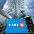 Toronto, Canada - May 26, 2026: BMO Bank Sign and Modern Glass Skyscrapers in Downtown Financial District