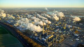 Aerial view, Chempark Dormagen, INEOS, chemical industry with smoke clouds in the morning, Emissions, morning mist, Dormagen,