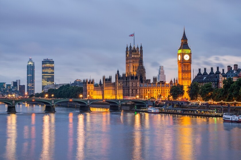 Big Ben and Westminster Bridge at dusk, London, UK