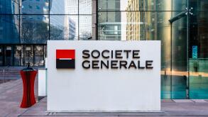 Sign of the Societe Generale at the entrance of the head office of the french banking group in La Defense business district.