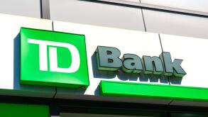TD Bank sign, logo on bank branch. TD Bank, N.A., is an American national bank and subsidiary of the Canadian multinational Toronto-Dominion Bank - Ne