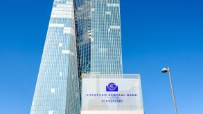 Low angle view of the sign of the European Central Bank at the entrance of the Skytower building in Frankfurt, Germany, seat of the ECB since 2015.