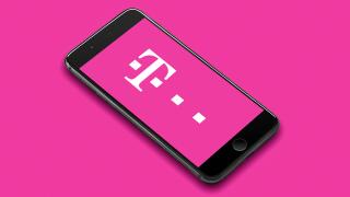 Amsterdam, The Netherlands, 08/18/2019, iPhone 8 plus smart phone lies on a flat colored surface.
T Mobile corporated logo onscreen, telecommunication