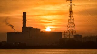 Derry, Northern Ireland- Nov 7 2020: Coolkeeragh power station at sunrise