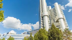 MUNICH, GERMANY - SEPTEMBER 18: Hypo-Hochhaus, administrative building of the HypoVereinsbank on September 18, 2021 in Munich, Germany