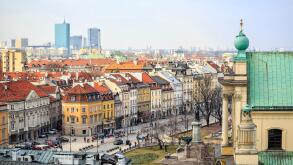 Warsaw city center with old town and modern skyscrapers, Poland