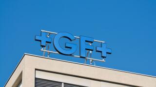 Locarno, Ticino, Switzerland - 16th January 2021 : Georg Fischer (abbreviated GF or +GF+) sign hanging on building office in Switzerland