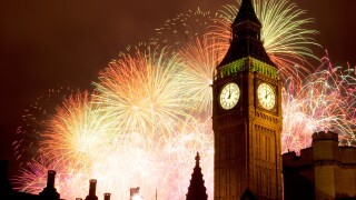 New Year fireworks and Big Ben, Westminster, London, England, United Kingdom, Europe