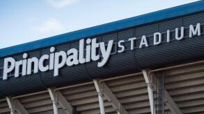 Principality Stadium sign logo in Cardiff, south Wales.