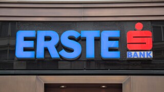 The logo for the Erste Bank above a branch in Vienna (Wien), Austria.