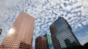 The TCW Tower,  Federal Bank Building, Water Tower and Alina luxury residential tower, part of the Apex Complex in Downtown Los Angeles, CA, USA