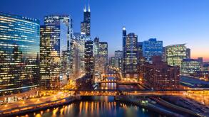 City of Chicago. Image of Chicago downtown and Chicago River with bridges during sunset.