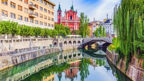 Ljubljana, Slovenia. Cityscape on Ljubljanica river canal in old town.