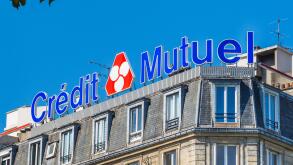 "Credit Mutuel" bank signage, Montparnasse, Paris, France.