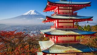 Mt. Fuji and Pagoda during the fall season in Japan.