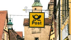 the logo of the brand "Deutsche Post" . Deutsche Post DHL is the world's largest courier company. Berlin, Germany, Europe,